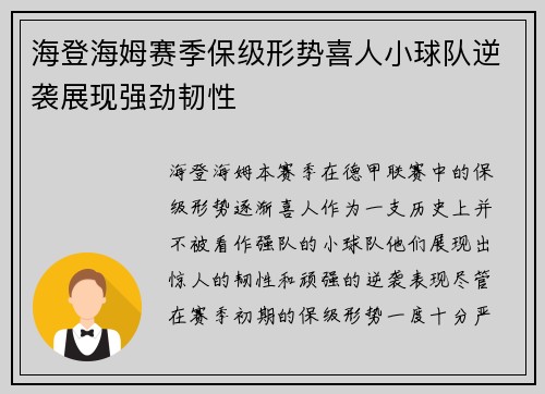 海登海姆赛季保级形势喜人小球队逆袭展现强劲韧性